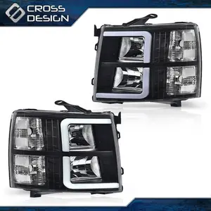CROSSDESIGN Fit For 07-13 Chevy Silverado 1500 2500 LED Bar Tube Projector Headlights DRL