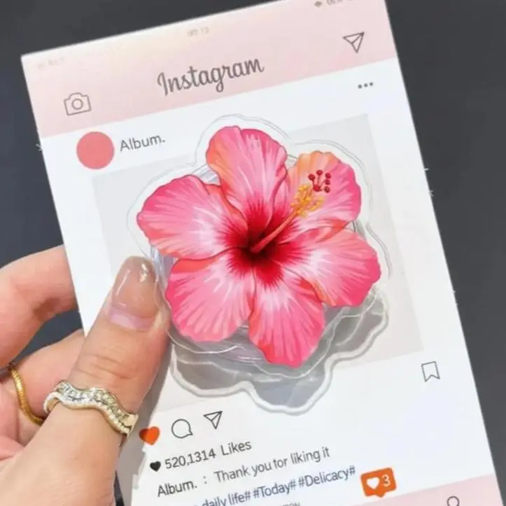 Pink Hibiscus Flower MagSafe Phone Grip, Tropical Floral Magnetic PopSocket Stand for iPhone & MagSafe Cases