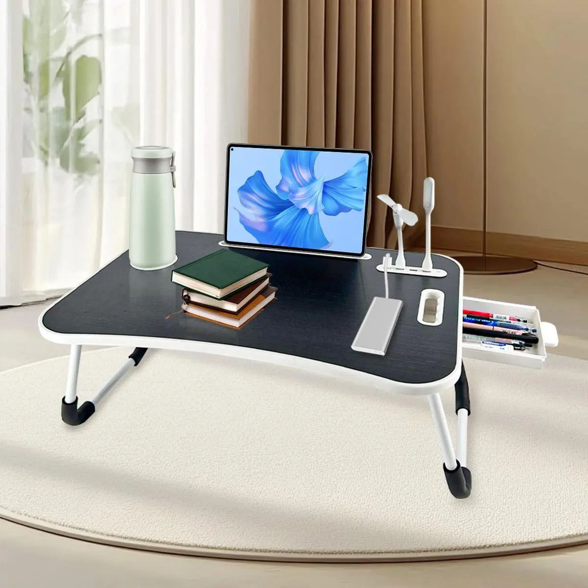 Foldable Laptop Desk - Large Size Wooden Folding Tray Table with Cup Holder, Drawer, USB Fan, Light, Adjustable Tiltable Tabletop for Comfortable Viewing Angles, Sturdy Portable Space-Saving Design, Ideal for Students, Bedroom Daily Use
