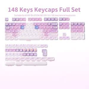 XVX Lavender Pink Cat MAO Profile Keycaps Smooth Cute 148-Key for Keyboard 61 64 68 78 87 96 98 104 108（only keycap, not include a keyboard）