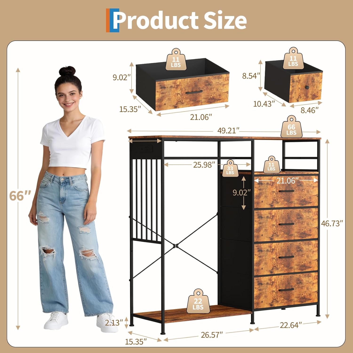 49.2" w Dresser with Hanging Rack & LED Lights, 6-Drawer Closet Organizer with Charging Station, Tall Storage Tower for Bedroom, Reversible Wood Top Chest, Sturdy Frame