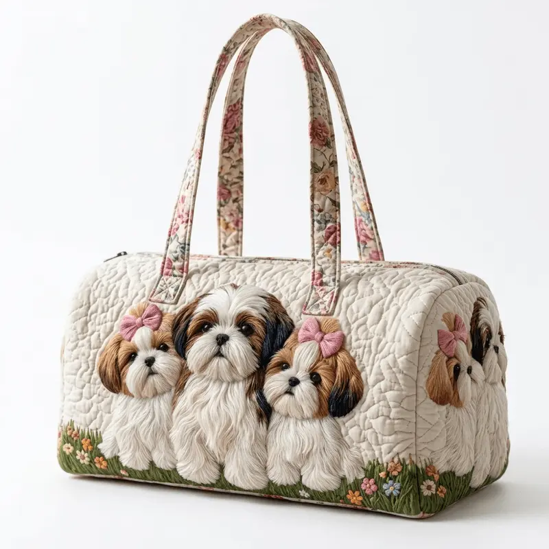 Women Large 3D Embroidered Shih Tzu Print Quilted Duffle Tote Bag, Cute Puppy with Bow Floral 3D Quilted Shoulder Handbag, Machine Washable Easy Carry Lightweight Roomy Capacity Tote for Shopping Travel Daily Use, Dog Lover Gift Bag