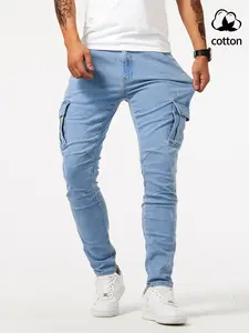 New men’s stretch denim jeans, multi-pocket cargo pants, casual slim-fit stretch denim jeans with side pockets, versatile trendy skinny stretch denim jeans