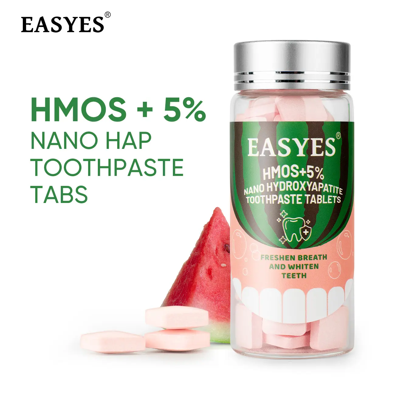 【Easyes】HMOs fluoride free toothpaste tablets - fresh breath get rid of bad breath for Sensitive Teeth Gentle & Residue-Free tooth enamel repair sls free Eco-friendly watermelon Mint flavor hydroxyapatite whitening teeth -SW-1