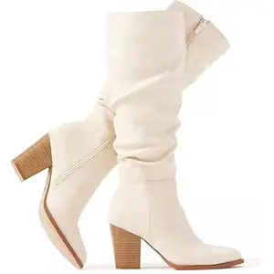 OEM Winter Party Women's Suede Slouch Mid-Calf Side Zipper Block Chunky Heel Pointed Toe Knee High Boots