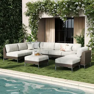 LayinSun 9-Piece Wicker Rattan Patio Furniture Set, Deep Seating Outdoor Modular Sectional Sofa Conversation Set with Thick Cushions for Lawn, Garden, Multiple Packages