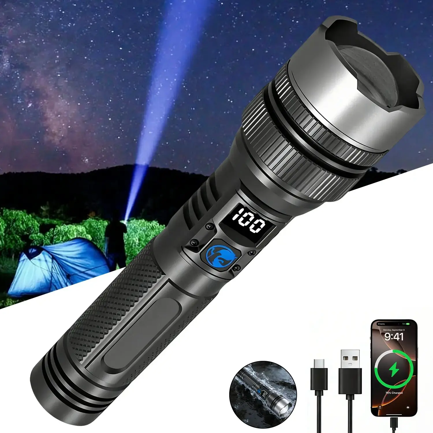 2-in-1 Strong Flashlight (Power Bank)，Digital display of power, Rechargeable，Zoomable, , X4Waterproof, Adjustable Brightness Flash Light for Outdoor, Emergency, Camping Accessories，Black BackToSchool