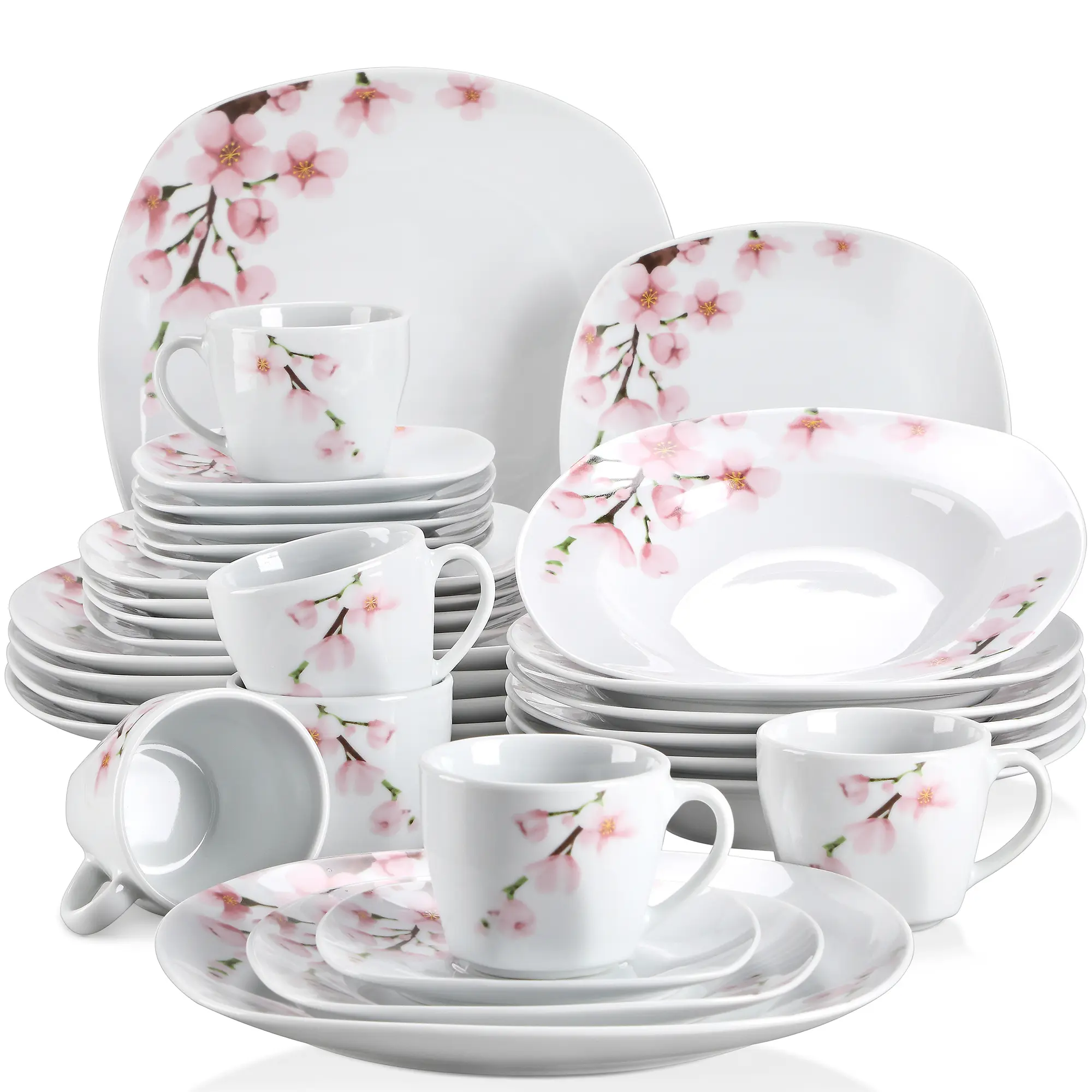 VEWEET Annie Cutlery Series Classic White Porcelain Tableware Sets with Blush Pink Floral, 4/6-Person Sets (18/20/24/30 PCS) for Coffee, Tea, Cups, Bowls, Plates, Tableware Kit, White Dishes Set