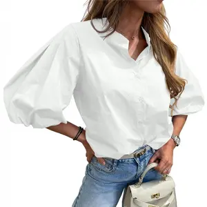 Imily Bela Womens Half Puff Sleeve Button Down Shirts Cotton Loose Fit Tops Summer Dressy Casual Blouses
