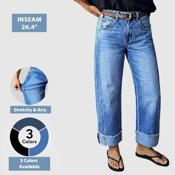 Flamingals Wash Seam Front Roll Raw Hem Mid Rise Straight Leg Jeans Womenswear Stretchy 26.8" Inseam Summer Vibes