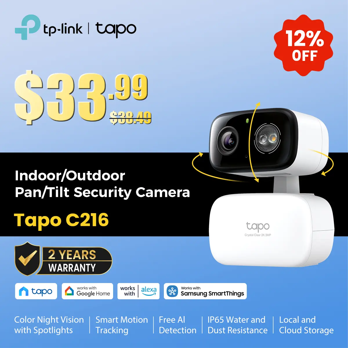 TP-Link & Tapo C216/C246D/C260 Pan/Tilt Indoor/Outdoor Security Camera,Single/Dual Lenses,2K 3MP/4K 8MP,AI-Powered Detection,No Subscription,Motion Tracking,Color Night Vision,360° Pan/Tilt, Works w/Alexa & Google  #SummerWins #DealsForYouDays