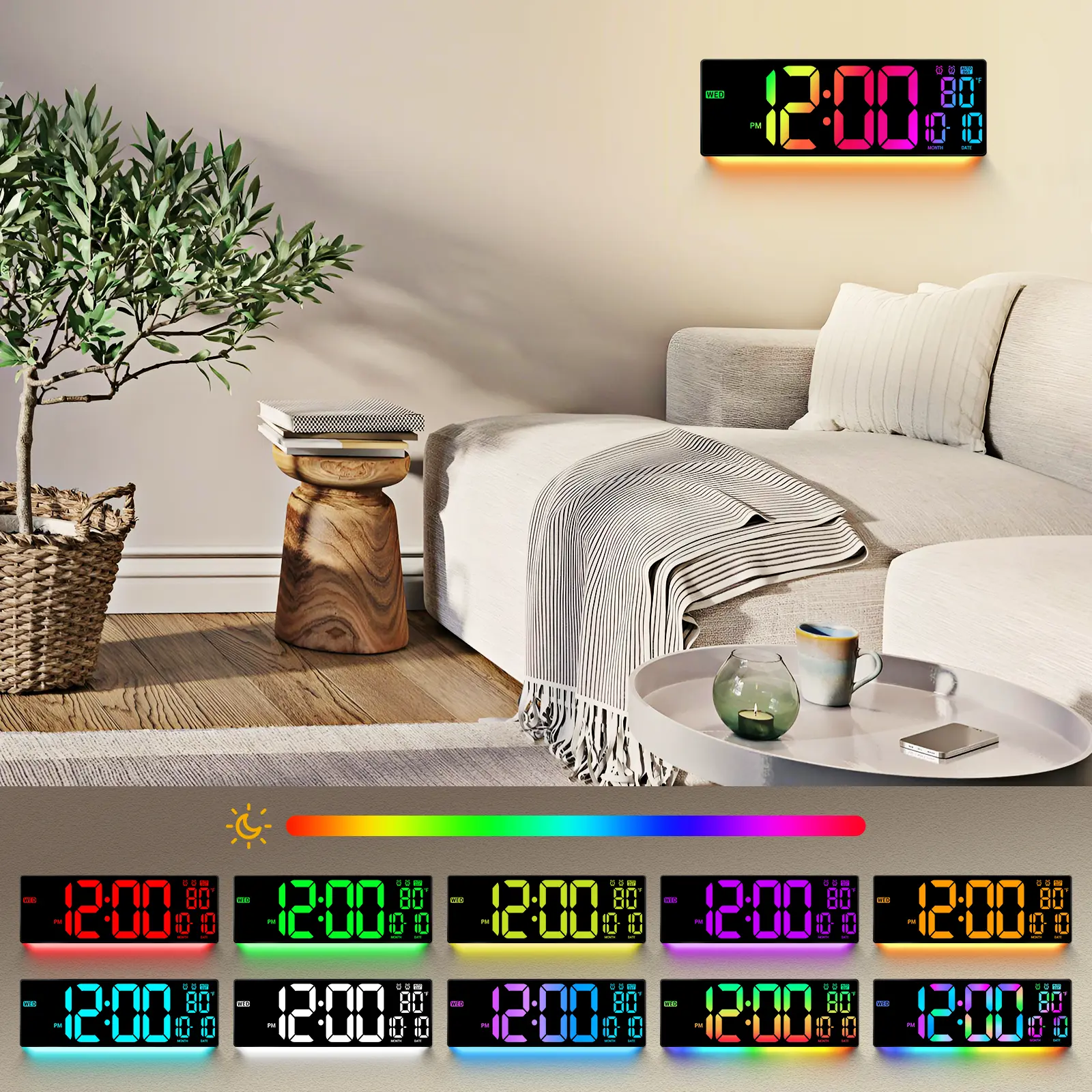16.5" Large Digital Wall Clock for Home Decor, RGB Lights with 11 Scene Modes Remote Control, Dual Alarms, LED Screen, Auto DST, Temperature, Teacher Stuff for Classroom