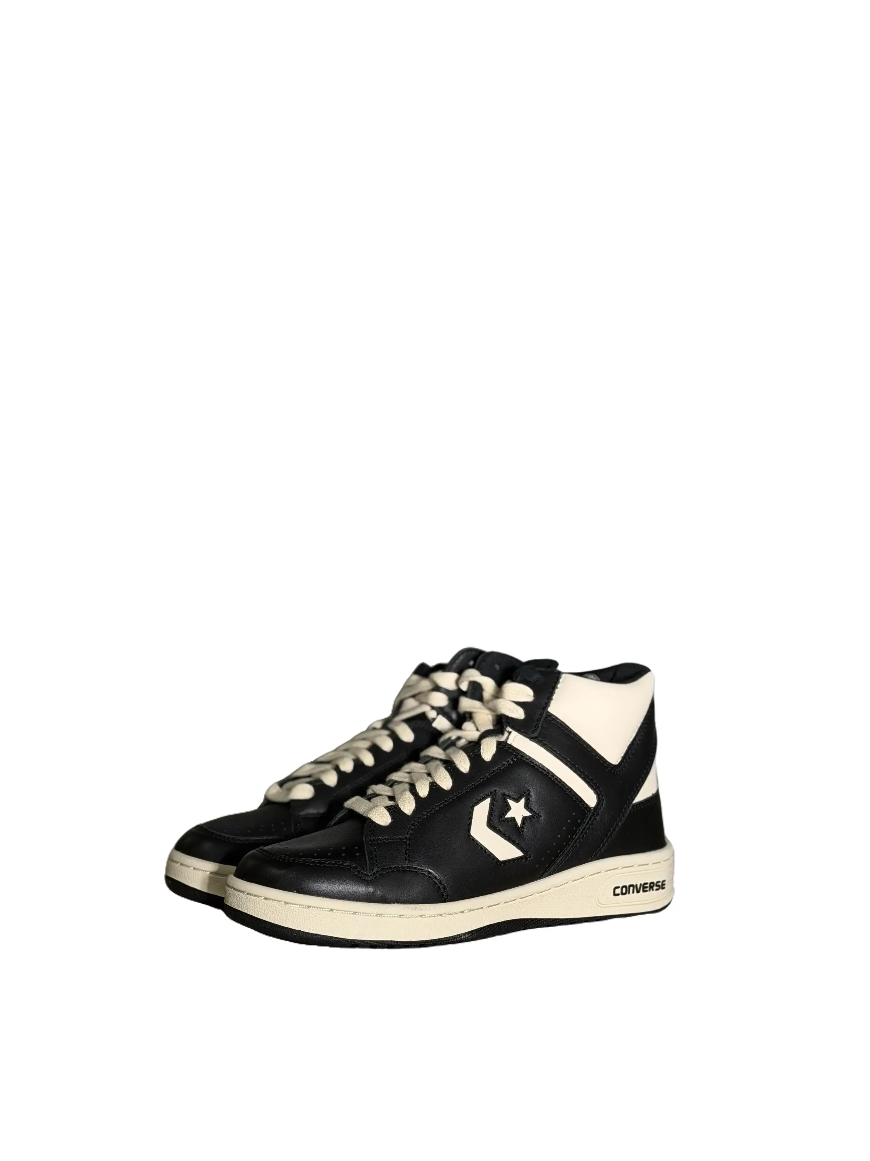 Men's Converse Weapon OG Mid Vintage-Style Premium Leather Mid-Top Shoe - Lace-Up Laces Casual Trainers, Black & White, Cushioned Rubber Sole, Round Toe, Court-To-Street Streetwear Ready, All-Season Closed Solid Logo Footwear