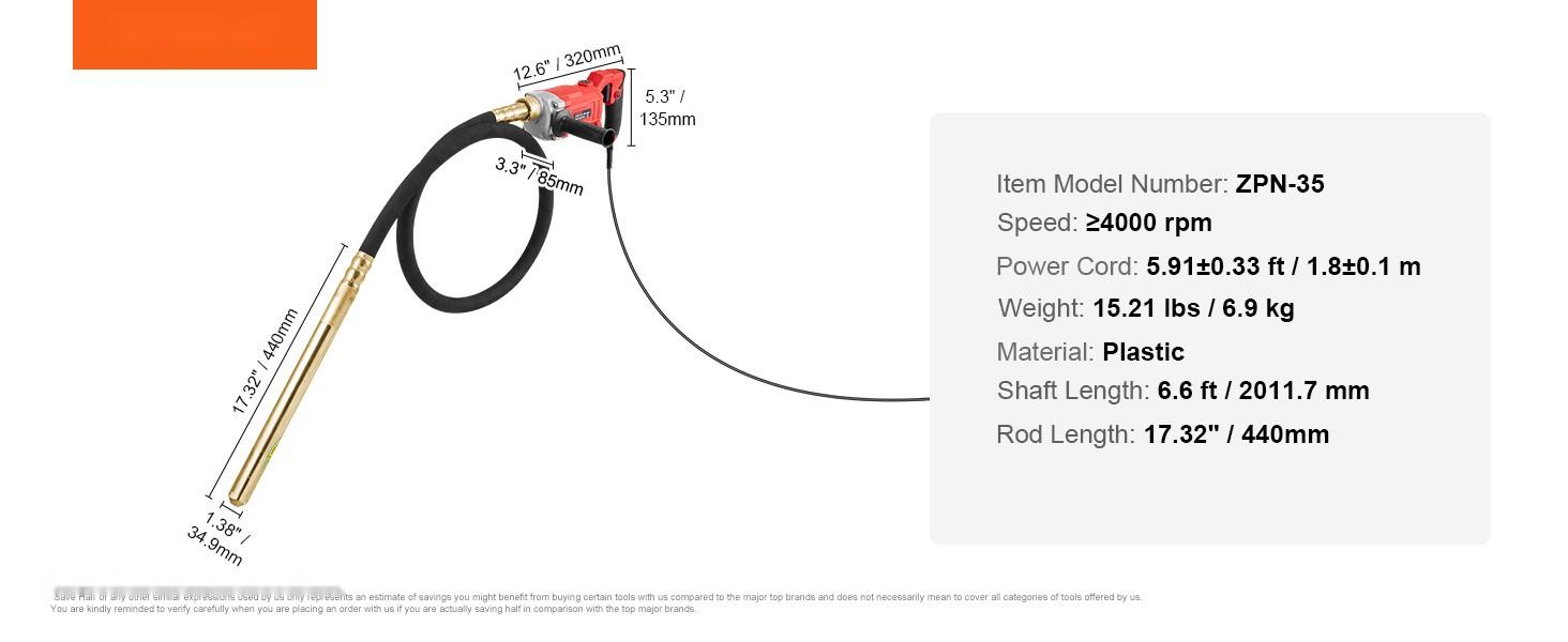 Handheld Concrete Vibrator 800W Electric Vibrator 13000 VPM With 6.6 Ft 2 M Shaft, Portable Pencil Type Cement Vibrator For Air Bubble Elimination, Concrete Mixing, Mortar Work, And Small Construction Projects
