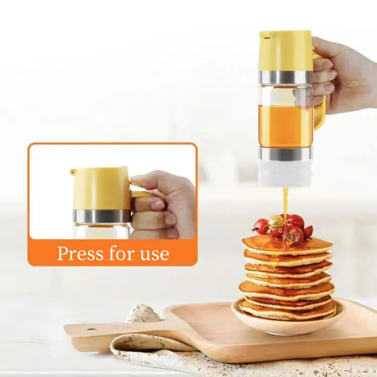 Glass Honey & Oil Dispenser Bottle - Airtight Wide Mouth Storage Bottle & Jar with Detachable Press-Open Lid, Leak-Proof Drip-Free Kitchen Home Organizer with Handle, Easy to Clean & Refill, Ideal for Honey Lovers, Storage Bottles & Jars