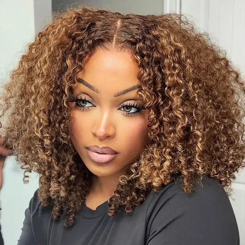 【This hair is the ticket】Highlight Glueless Kinky Curly Short Bob Wig Pre Plucked 4x6 Lace Closure Wear And Go 180% Density 4/27 Colored Human Hair Wigs For Women