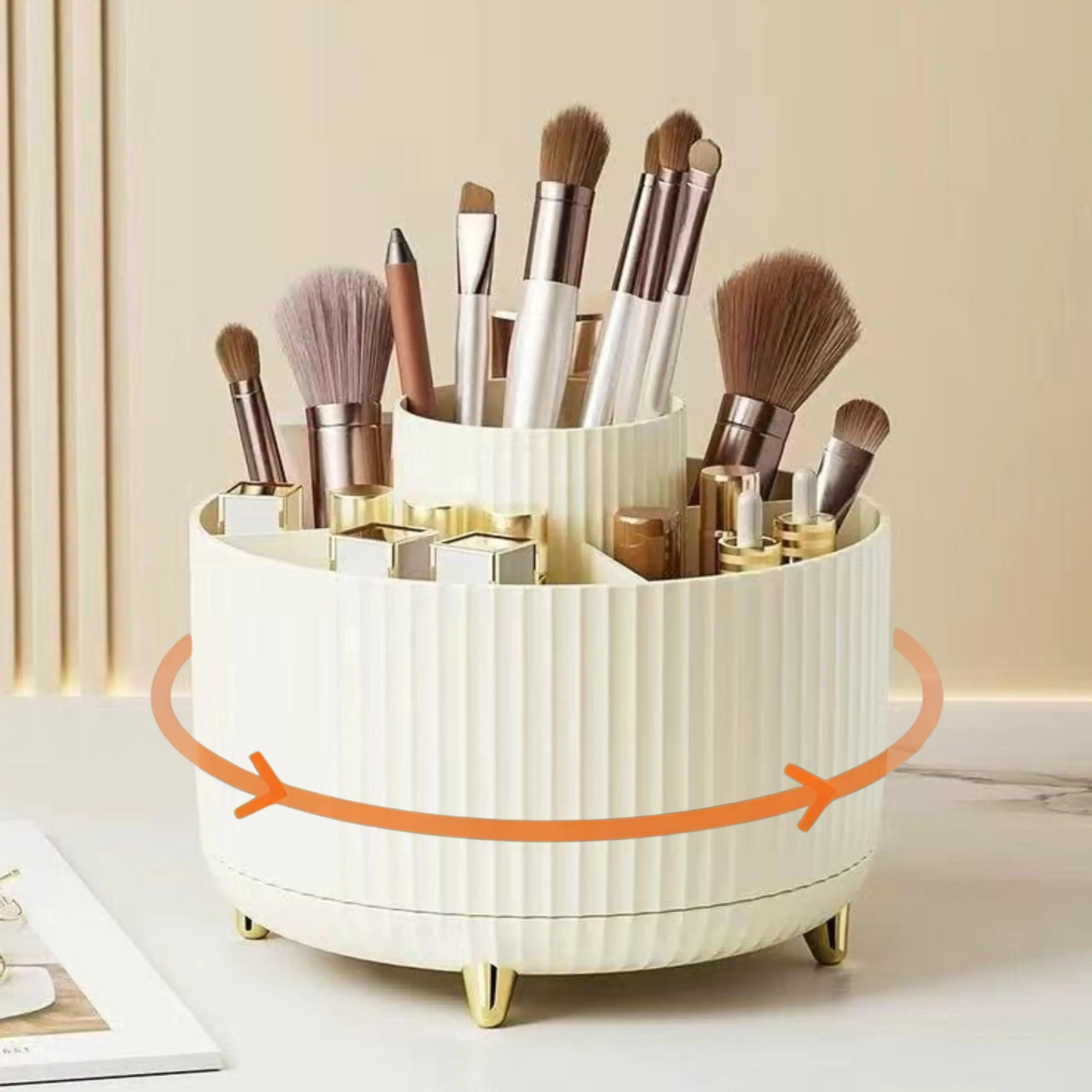 360° Rotating Makeup Brush Holder Organizer, 5 Slot Makeup Brushes Cup for Cosmetics, Nail Polish, Art Supply, Bathroom Vanity Desktop Organizer, Makeup Brush Organizer