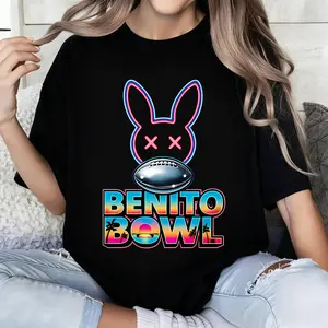 100% pure cotton Black T Shirt With Neon Bunny And Football Benito Bowl Print For Casual Wear