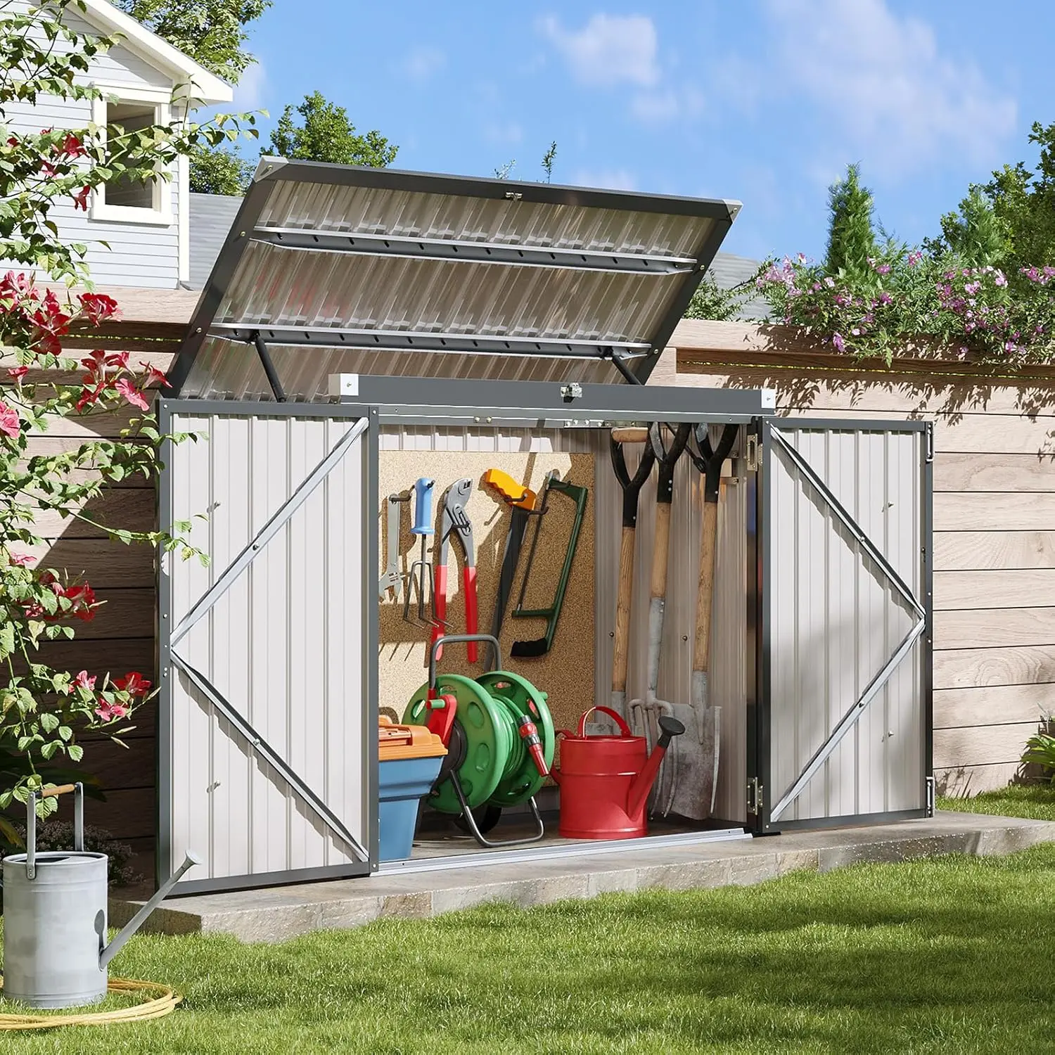 Aoxun Heavy-Duty Metal Outdoor Shed Garden Buildings - Weatherproof Trash Can Enclosure with Chain Lid, Outdoor Storage Solutions for 2 Bins/Generator, Easy-to-Use, Secure Organizer