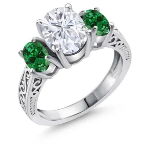 2.80 Cttw White Moissanite and Green Created Emerald 3-Stone Engagement Ring In 925 Sterling Silver | Three Stone Wedding Anniversary Promise Ring For Women