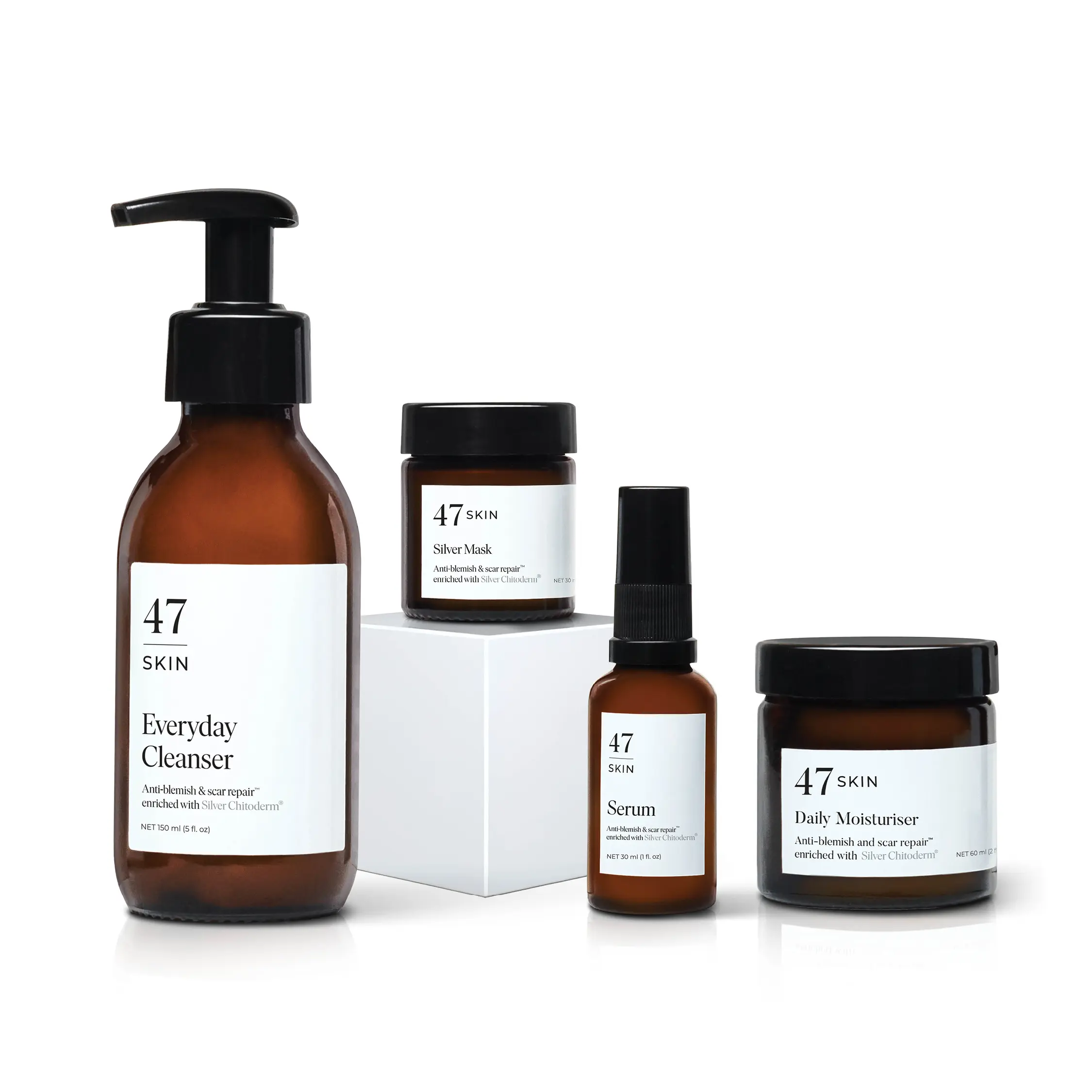 47 Skin 4 Step Skin Repair Set - Everyday Cleanser, Serum, Silver Mask & Daily Moisturizer enriched with Silver Chitoderm