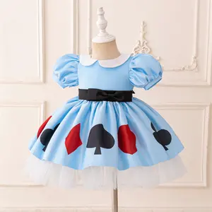 (New)01 Kids Young Girls Christmas/Halloween/Party Dress Tulle Bubble Sleeves Blue Mesh Stage Performance Alice in Wonderland Dress Bead Decoration Princess Party Outfit(Gift)11