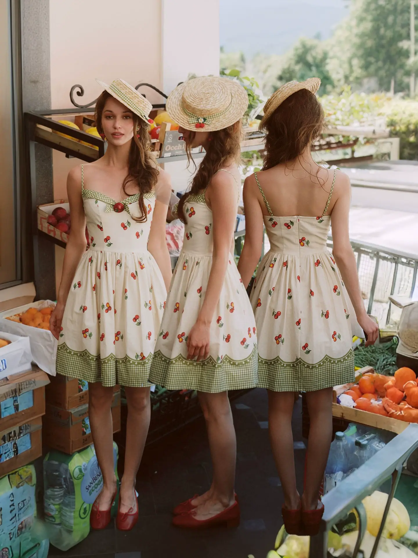 Vintage Cherry Print A-Line Mini Dress French Cottagecore Gingham Patchwork Strap Dress Romantic Picnic Vacation Dress