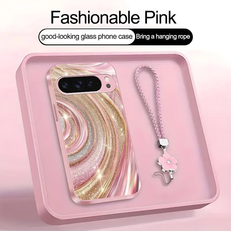 Luxury Rose Gold Swirl Smartphone Casing with Flower Lanyard - Glitter Pink Art Aesthetic Cellphone Protection Cover for Google Pixel 9 Pro XL, Mobile Phone Accessories (975)