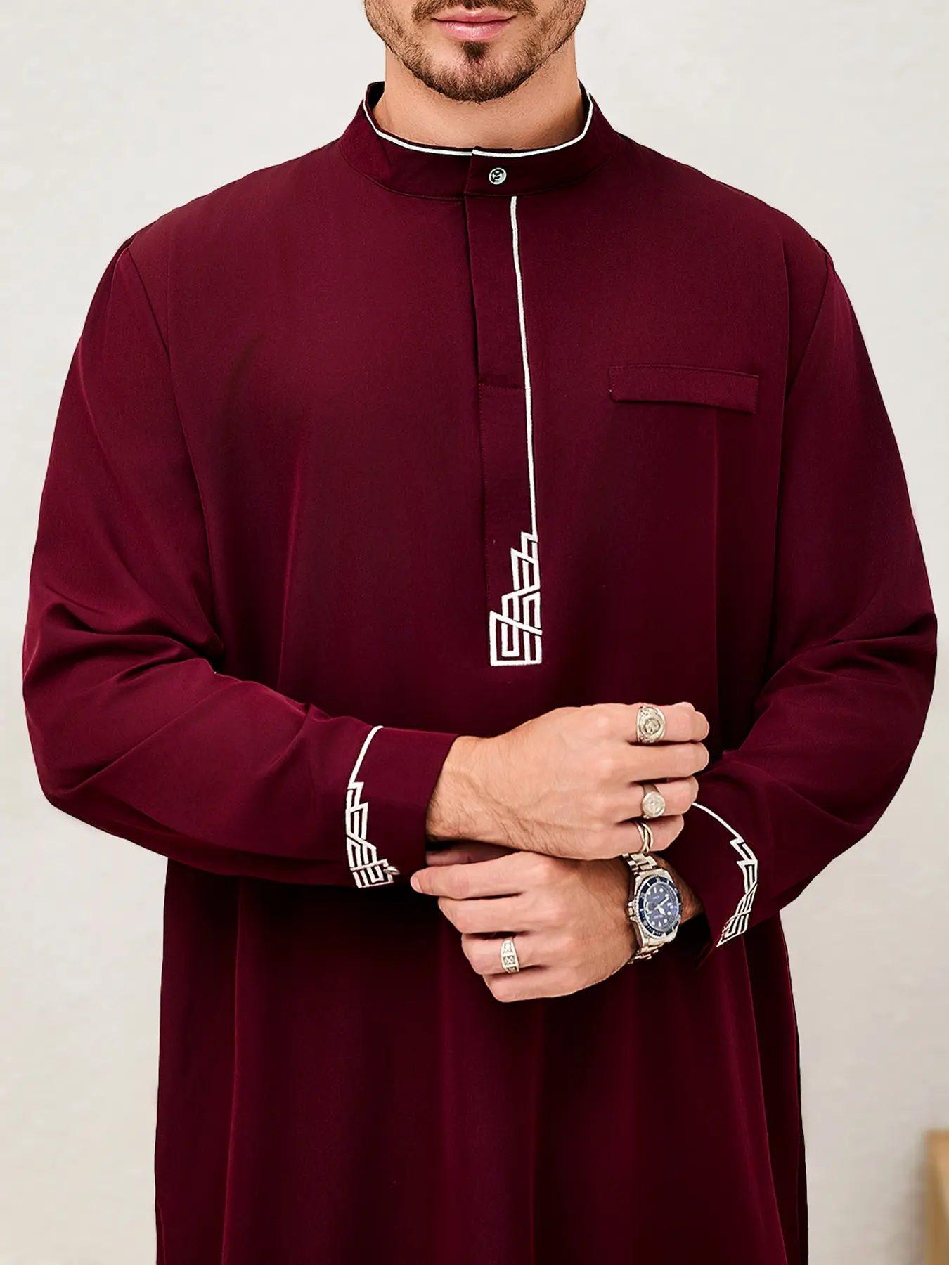 Arabian Islamic Traditional Men's Clothing, Wine Premium Traditional Collared Style Muslim Thobe Long Robe with Geometric Embroidery Collar, Traditional Arabic Robe, Perfect Gift for All Seasons