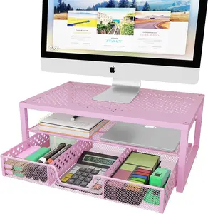 Simple Trending Metal Monitor Stand Riser and Computer Desk Organizer with Drawer for Laptop, Computer, iMac, Pink