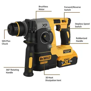 DEWALT DCH273 20V Brushless Cordless Rotary Hammer 2.1J Impact Energy with 6.0Ah Battery Power Tool for Concrete Brick and Stone Drilling Compact Rotary Hammer with 360 Degree Auxiliary Handle and Stable Performance