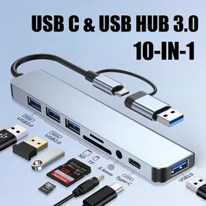 USB C Hub 10 in 1 Splitter Expander Multiport Adapter  8Port 4 USB 3.0 Ports 1 USB-C Jack TF SD Memory Card Reader 3.5mm Aux Ports Audio Aluminum Output for iPhone 17 16 For MacBook Pro Air For iPad iMac XPS Thinkpad Laptop Galaxy High-Speed Data Transfer