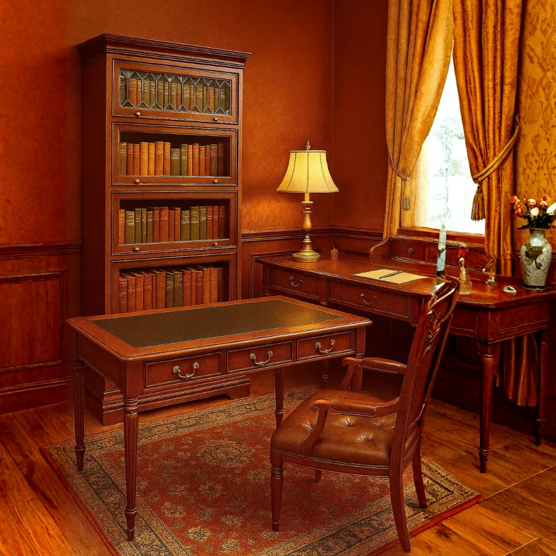 Royalty Specialty Office Desk - Light Brown Walnut Legacy Leather Top, Mahogany Wood-Metal Construction, 51.25w x 27.5d x 29.5h, Carved Legs, Drawer-Equipped, Expertly Crafted Specialty Office Furniture
