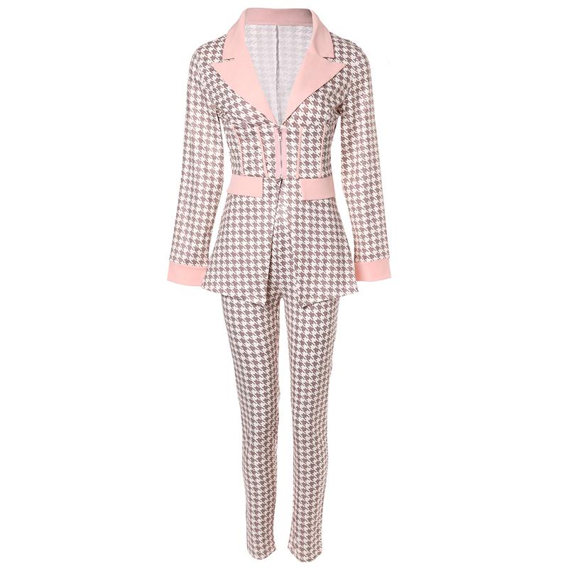 ChicMe Houndstooth Print Notched Collar Zip Front Flap Detail Corset Slit Coat/Print Blazer and Elastic Waist Slim Fit Pants Set Blazer Set