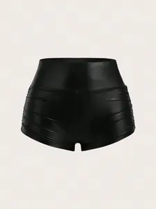 SHEIN EZwear Women's Solid Color Ruched Black PU Leather Shorts