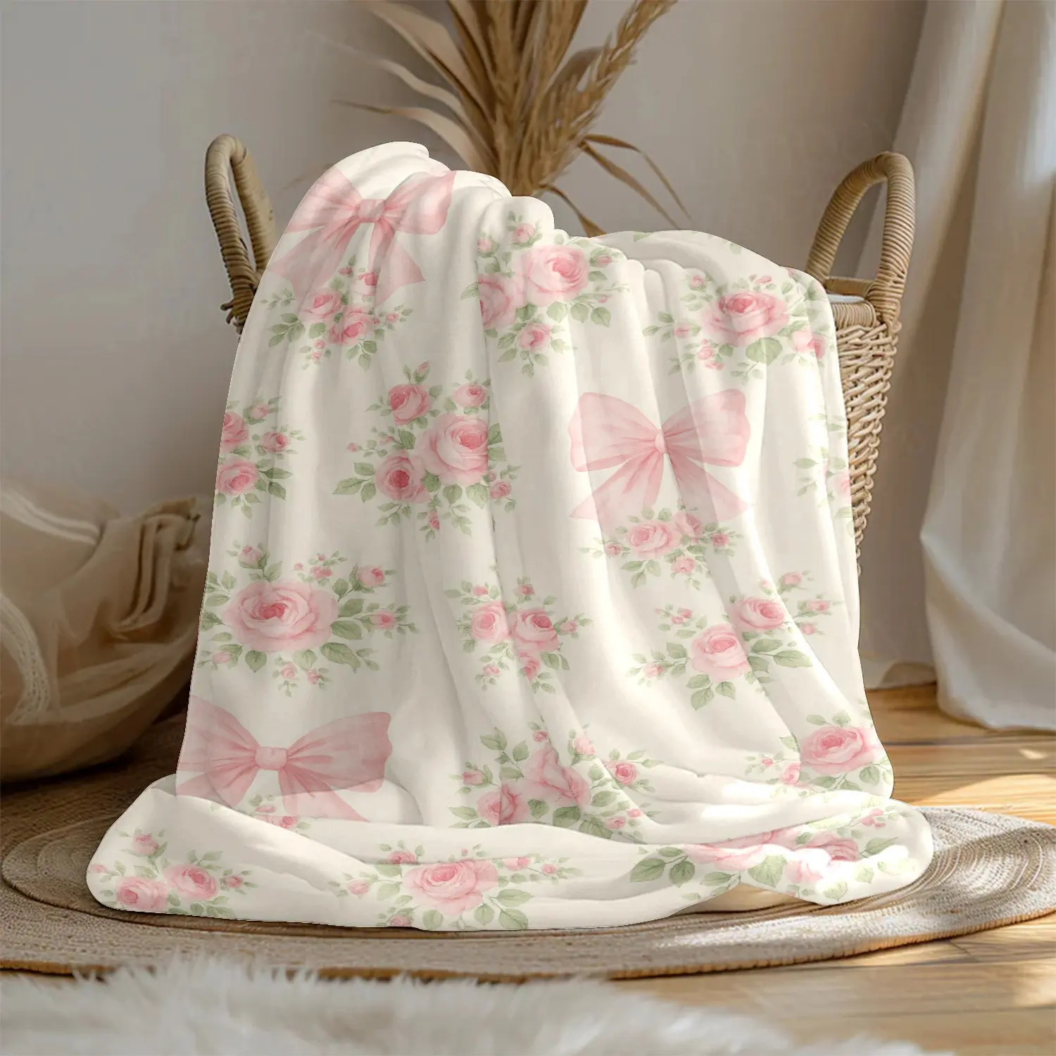 1pc 280GSM Large Flannel Throw Blanket - Pink Rose, Pink Bow, Green Leaf Art Print, Adorable Afghan Style Fluffy Blanket - Warm Bedding, Sofa Textile Throw, Throw Blankets, Fluffy Blankets