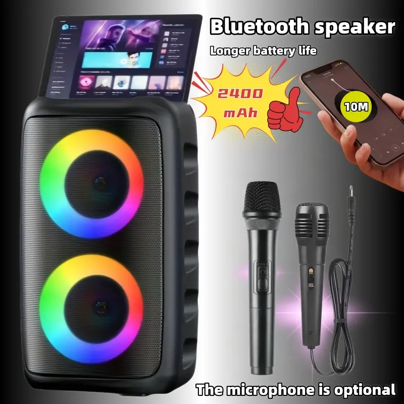 Bluetooth speaker, wireless speaker, karaoke machine with 1 wired microphone or 1 wired microphone+1 wireless microphone, adult portable speaker, PA system with LED lights singing karaoke speaker, supports TF card/USB, AUX input, TWS