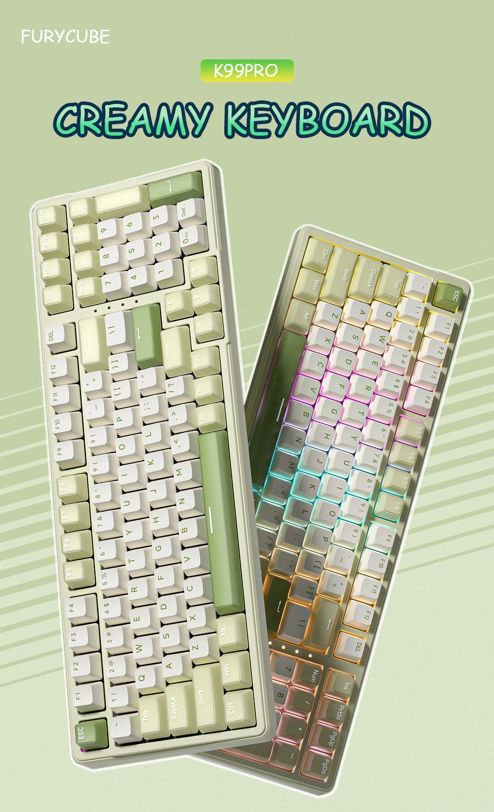 FURYCUBE K99 pro Creamy Wireless/Wired/2.4G Mechanical Keyboard,Gasket Structure, Hot Swappable,RGB Gaming Keyboard,Gift for Girlfriend,Office Keyboard with Numpad