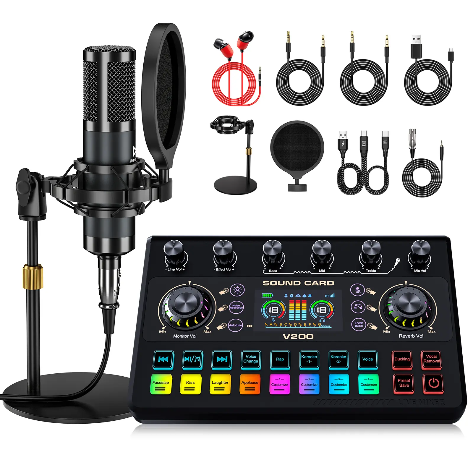 Ideanthro V200-P15 Professional Live Streaming Sound Card | Multi-Platform Audio Mixer with 5 Voice Modes, 10+ Sound Effects, Independent EQ & Noise Reduction