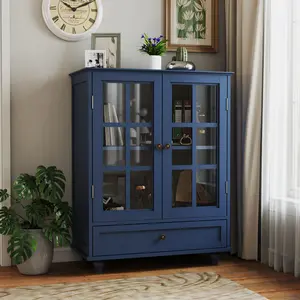 Vintage Blue Buffet Cabinet with Double Glass Doors & Drawer, Modern Farmhouse Sideboard with Bronze Handles for Dining Room, Living Room, Entryway Storage & Display