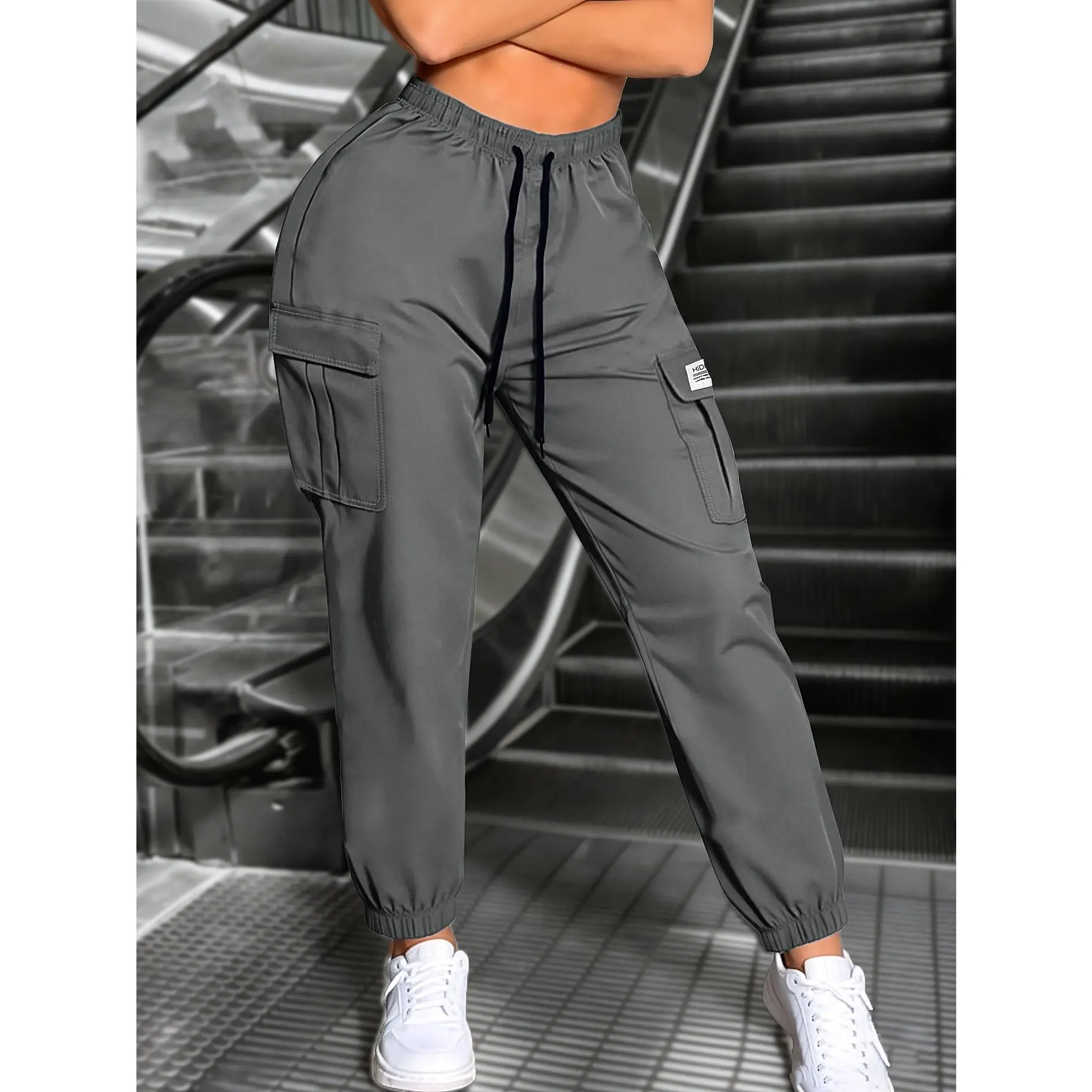 Women's New Spring-Autumn Basic Activewear Bottoms, Plain-Coloured Adjustable Sportswear Trousers with Elastic Waistband, Drawstring, Large Pockets for Workwear, Everyday Streetwear