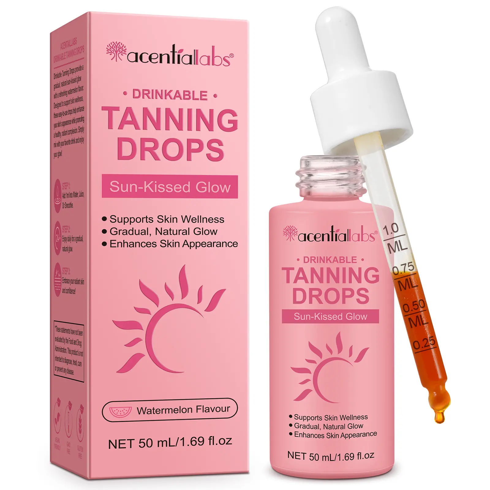 Acentiallabs Drinkable Tanning Drops, Melanin Boosting Self Tanning Water for a Natural UV-Free Glow, Tan Accelerator with Watermelon Flavor, 50ml,travel essentials,sunscreen, Beauty Products backtoschool