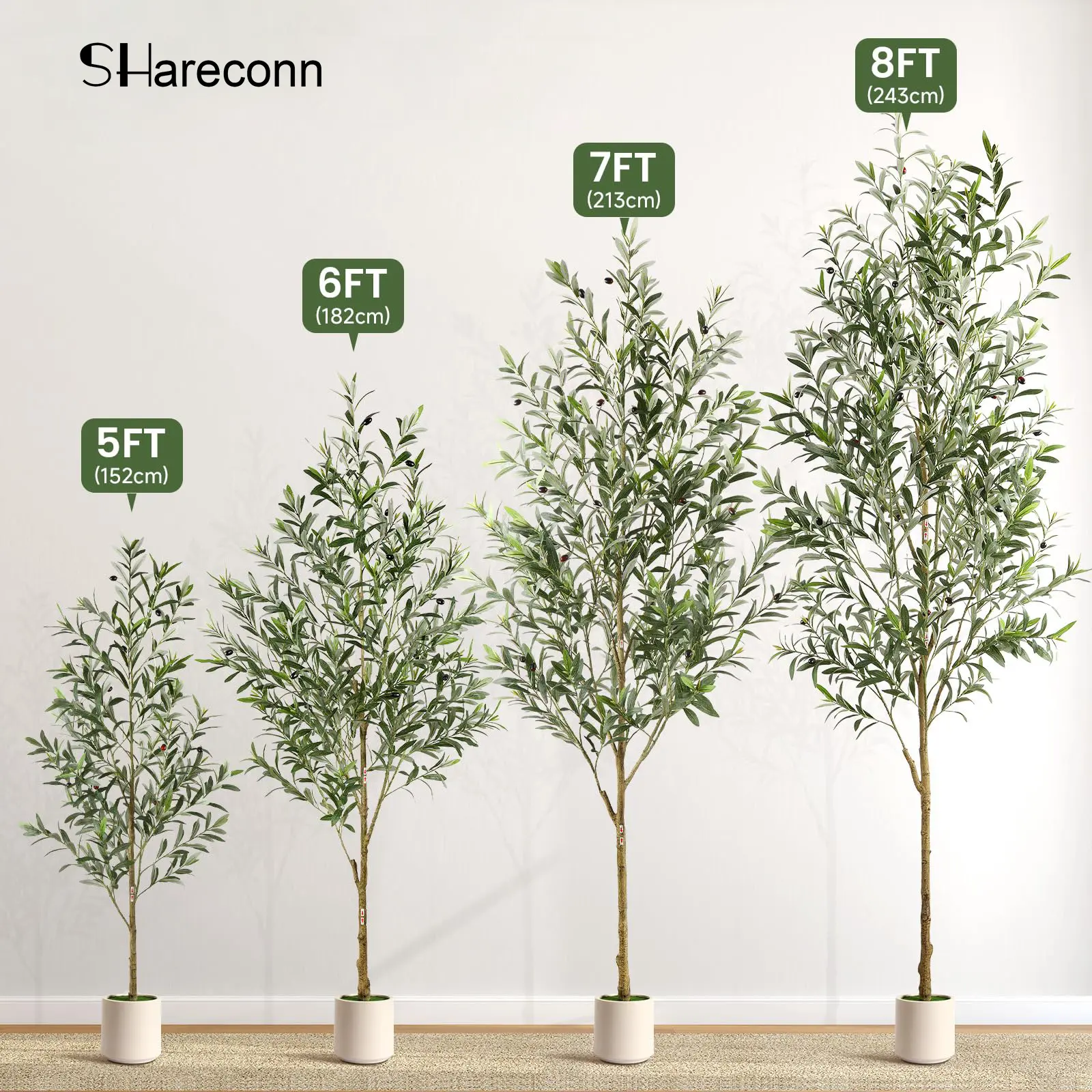 SHareconn 5/6/7FT Fake Olive Tree with White Planter - Faux Silk Foliage, Lively Trunk, Lifelike Fruits, Photorealism Home Accessory, Plant Decor, Aesthetic Room Decor, Room Decorations