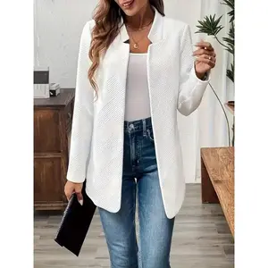 [Plus Size Open Front Blazer] Plus Size Solid Textured Open Front Blazer, Elegant Long Sleeve Blazer For Work, Womenswear Tops White Chic Suits SpringGift