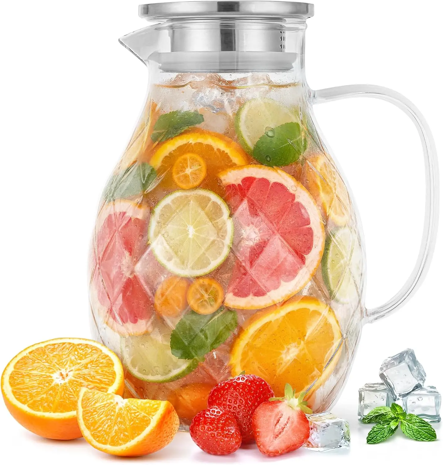 PJC-Kitchen Handmade Borosilicate Glass Pitcher with Silicone-Steel Lid and Spout - Hand Blown Diamond Pattern Carafe for Hot-Cold Drinks - Serving Jug in 2L/68oz, 3L/100oz Sizes