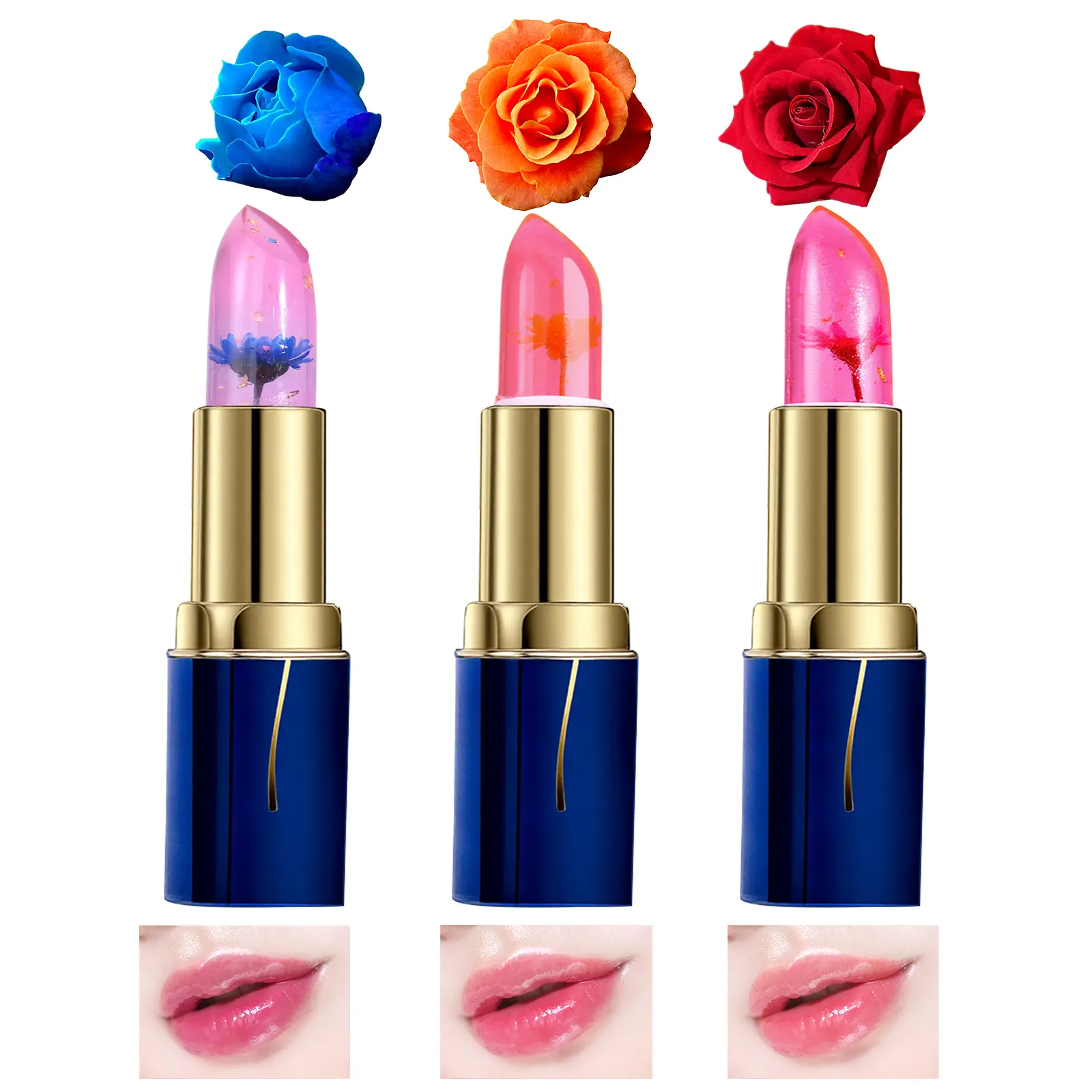 Flower Color-Changing Lipstick, Hydrating Lip Care Cosmetic with a Unique Shade Shift, Glossy Finish for Daily Wear - 3 Colors, Moisturizer, Hydrate, Makeup, Adults, Dewy Finish, 3-Color Options