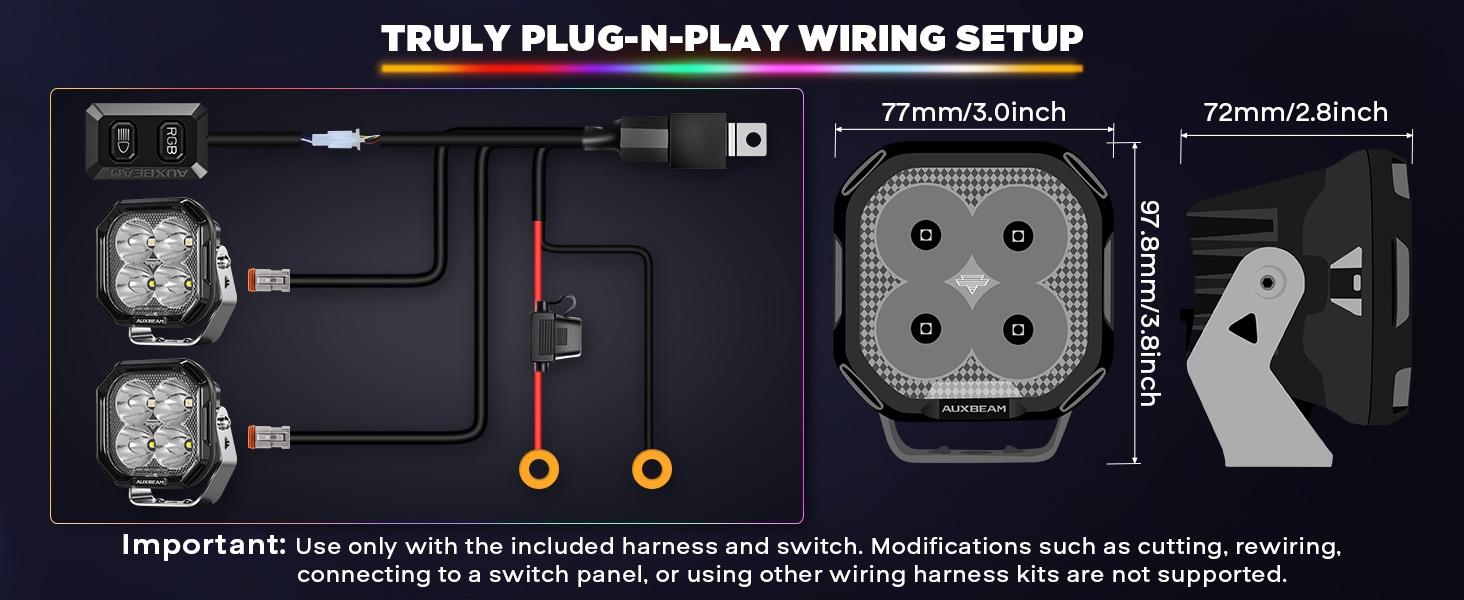 Auxbeam Color Play Seies 3 Inch RGB LED Pod Lights, 7 Dynamic Gradient Cycle Backlight, 116W Spot Flood Combo, RGBW Color Changing Off Road Driving Light for Jeep Truck ATV, with White Amber Covers