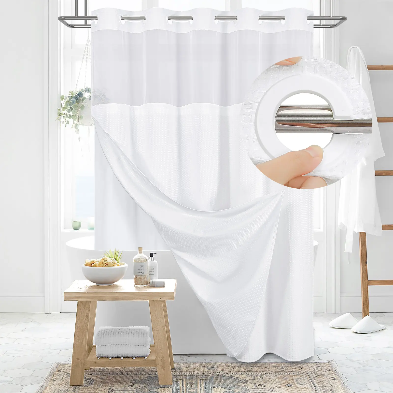 Premium No Hook Washable Waffle Weave Shower Curtain Set, Heavy Duty Double Layer with Snap-in Detachable Waterproof Liner & Mesh Window, Modern Bathroom Accessory for Hotel, Salon, Dector, Household Items, bathroom curtains, Cortina de baño sin ganchos