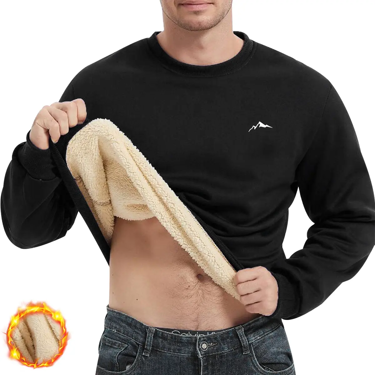 Men's Plain Cozy Fleece Sweatshirt - Extra-Thick Fleece-Lined Autumn Winter Pullover, Long Sleeve Round Neck, Mountain Print Casual Top, Cozy Men's Pullover