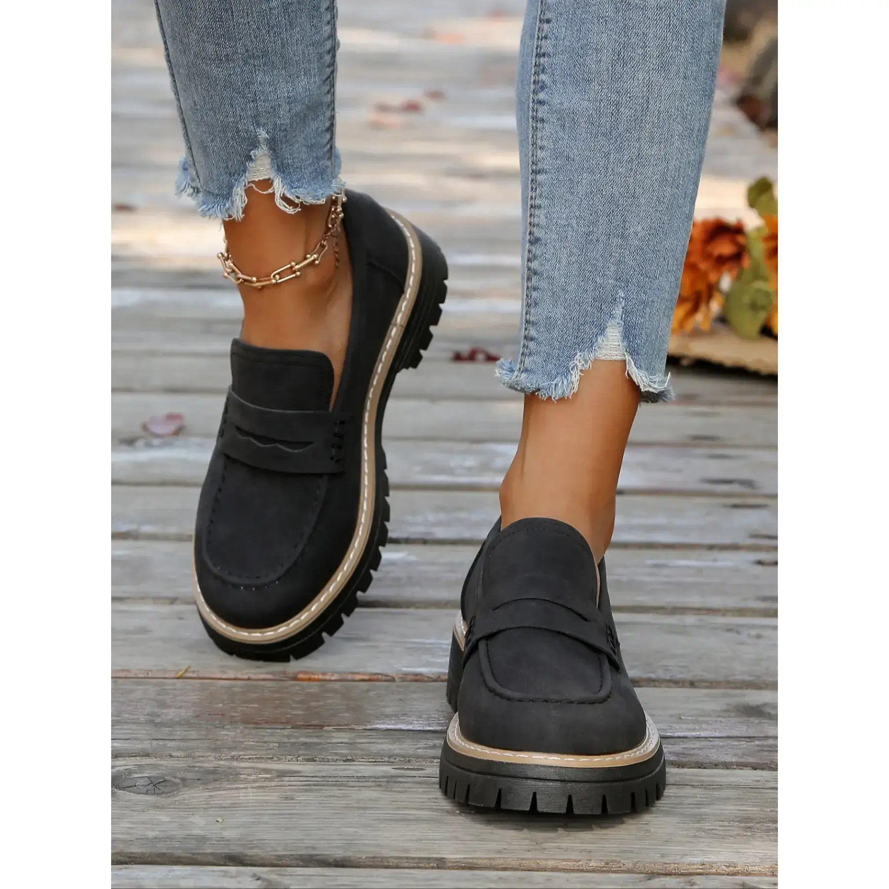 Women's Fashionable Solid Color Loafers, Casual Flats, Casual Comfortable Chain Decorated Slip on Shoes, Lightweight Breathable Shoes for All Seasons